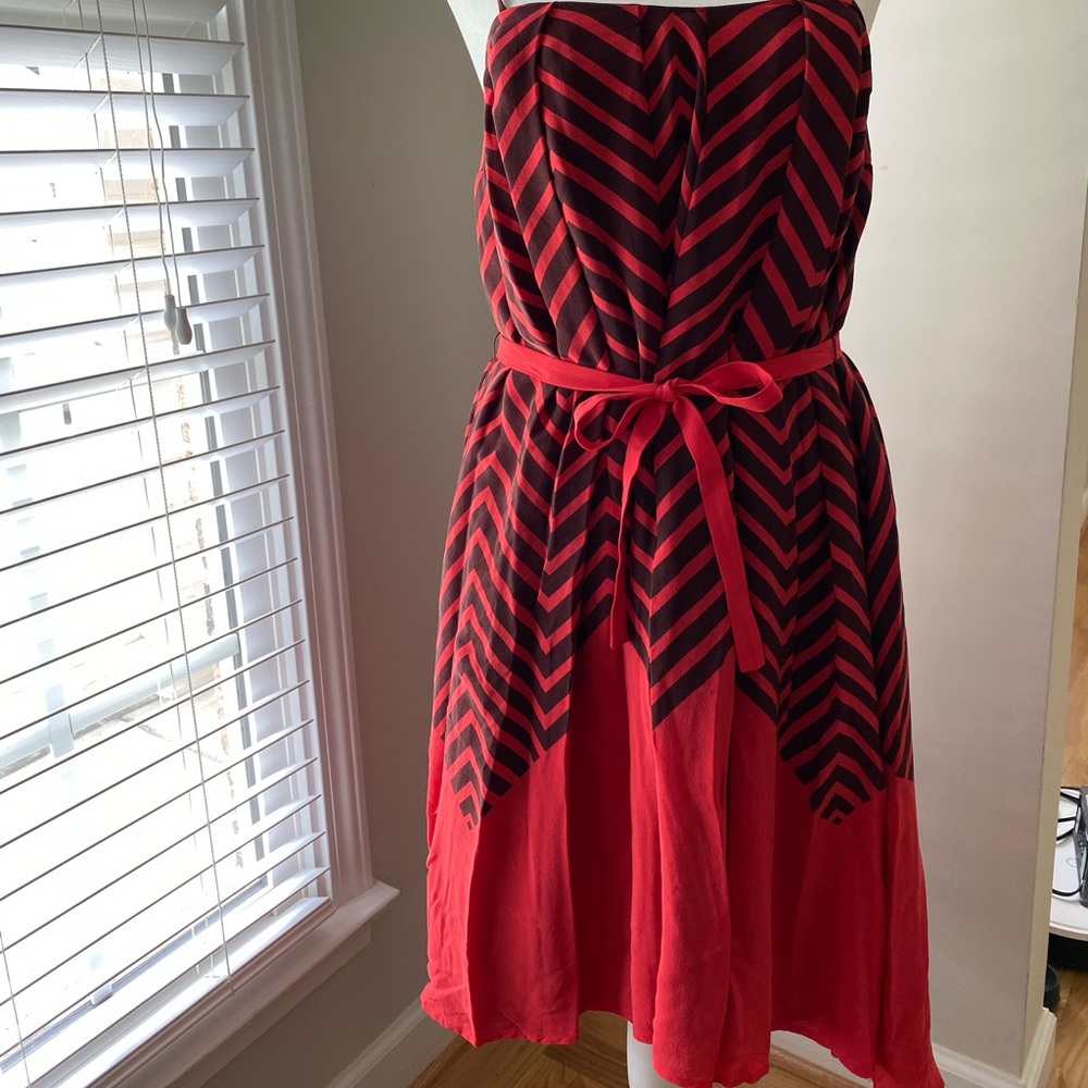 French Connection Dress - Red & Chocolate Brown, Midi, Swing Dress w/ Tie Waist